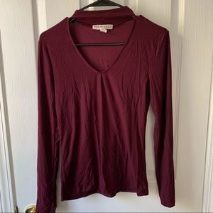 Maroon Sexy Form Fitting Long Sleeve Top w/ Deep V